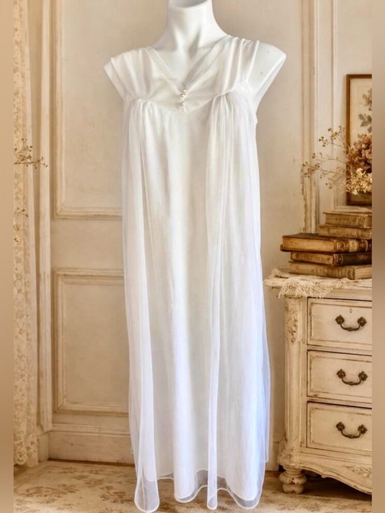 Jenne Marie Other - Vintage Jenne Marie Nylon Nightgown 1970s Pearl Button Empire Chiffon White S